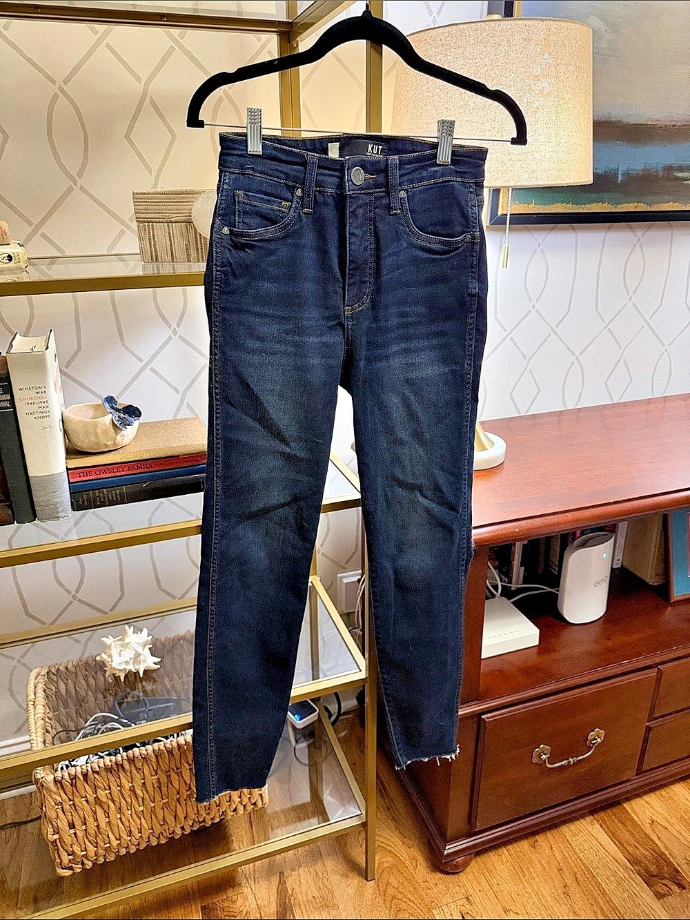 KUT from the Kloth Donna High Waist Fray Hem Ankle Skinny Jeans Dark Blue Skinny